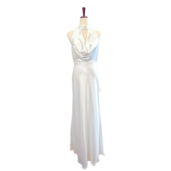 NEW Lulus Gorgeous Vow White Satin Mock Neck Cowl Mermaid Maxi Dress Med. #1552 - Picture 5 of 10